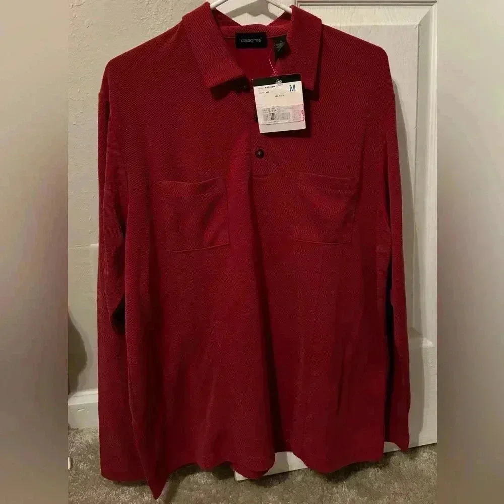 Claiborne Polo Shirt Mens M Long Sleeve Ribbed 3 Button shirt
